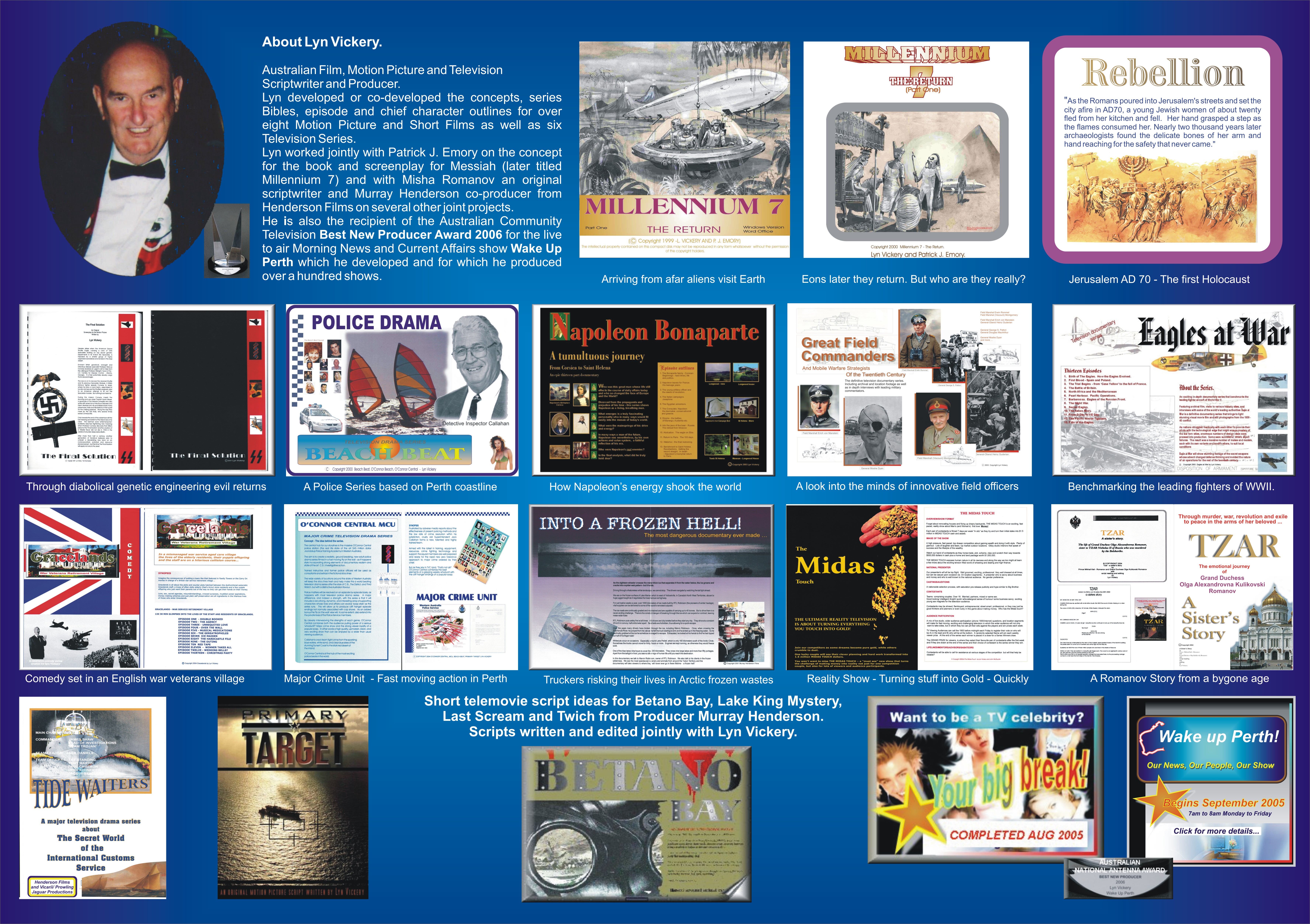 Poster presenting Lyn Vickery and a selection of film and television projects developed across his career.